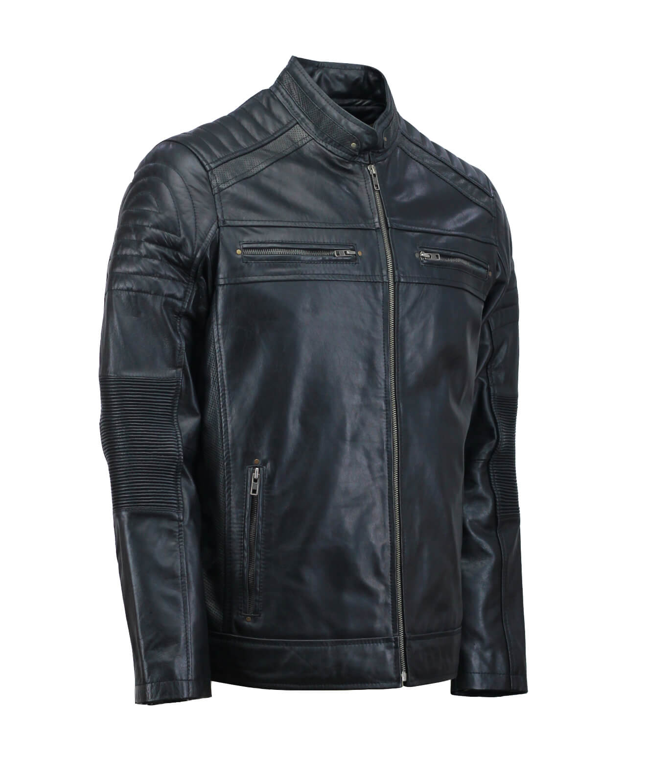 Men Black Cafe Racer Genuine Leather Jacket