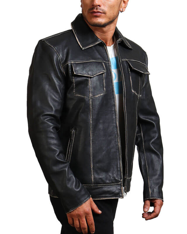 Men Black David Star Leather Jacket