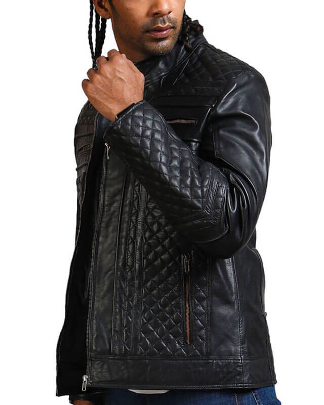 Men Black Diamond Quilted Skull Leather Jacket