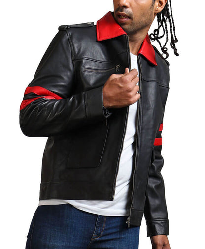 Men Black Leather Jacket With Red Collar Stripes