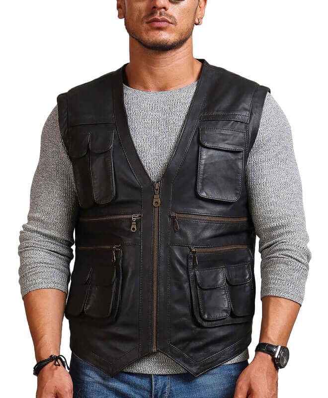 Men Black Leather Motorcycle Vest