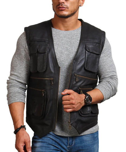 Men Black Leather Vest