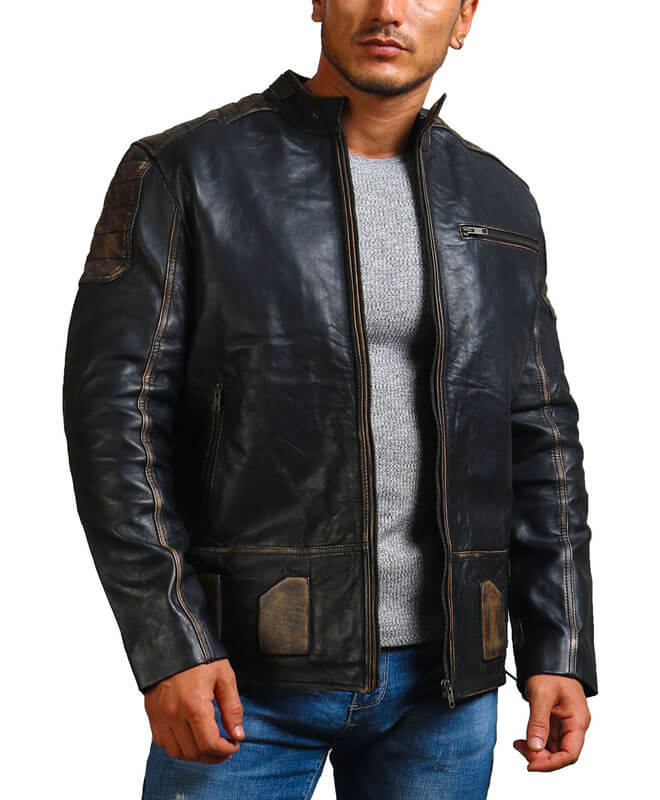 Men Black Motorcycle Distressed Jacket