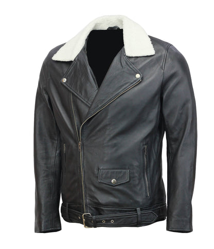 Men Black Motorcycle Genuine Leather Jacket With Fur Collar