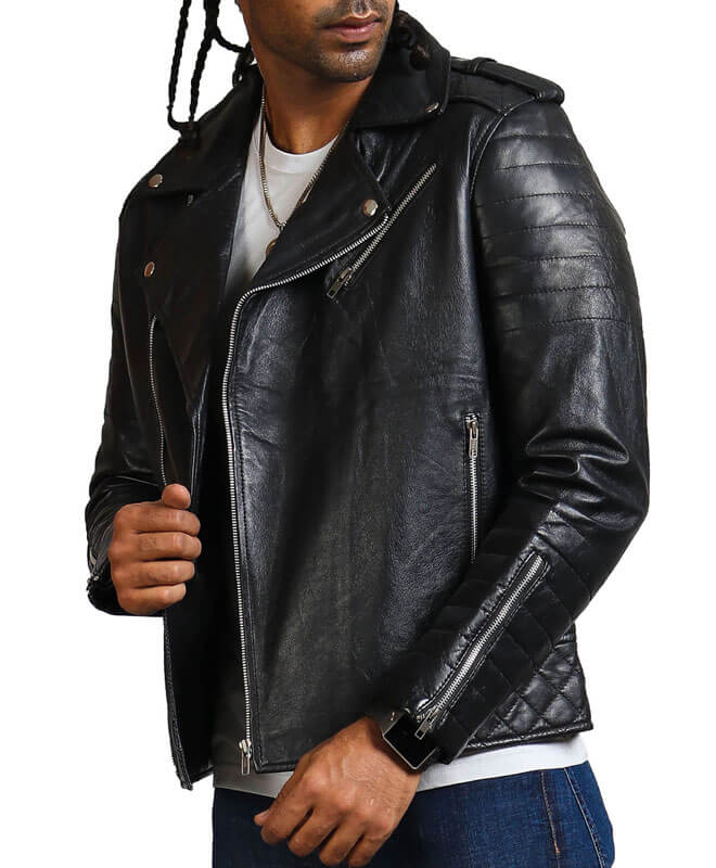 Men Black Motorcycle Genuine Leather Jacket