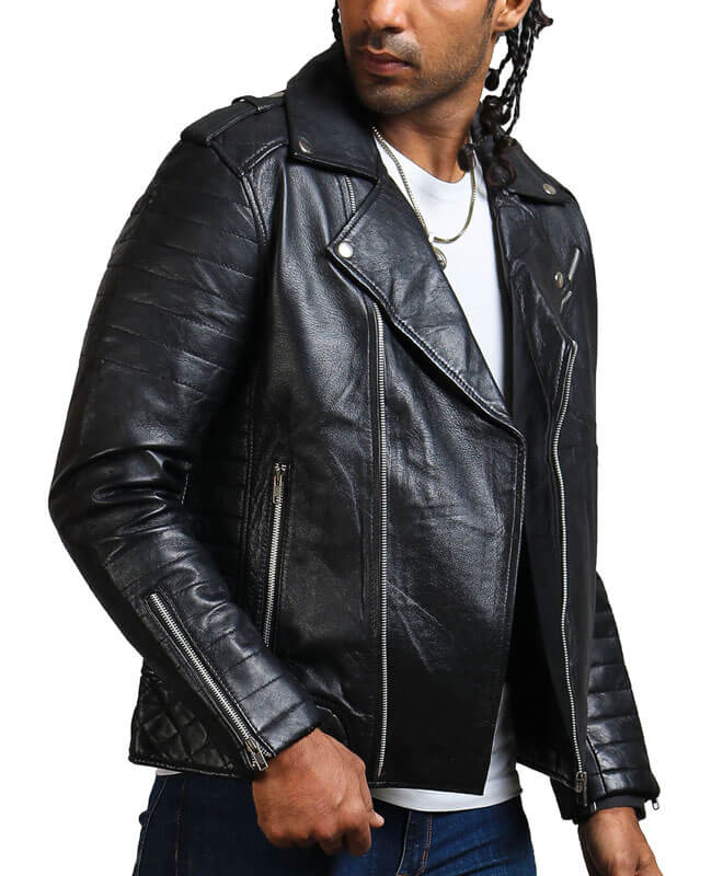 Men Black Motorcycle Real Leather Jacket