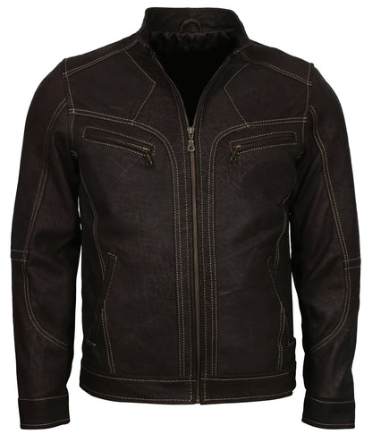 Men Black Rough Biker Leather Jacket