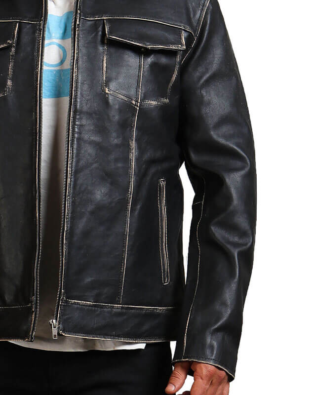 Men Black Trucker Leather Jacket