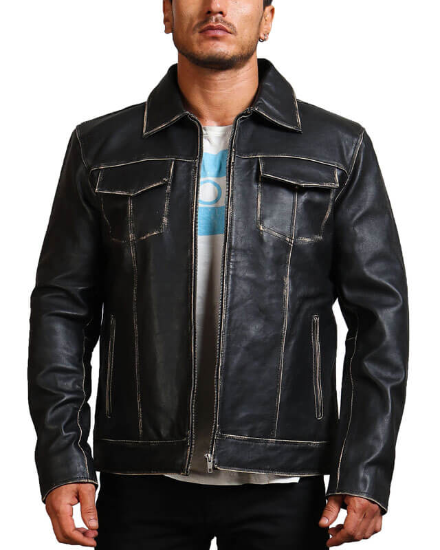 Men Black Trucker Real Leather Jacket