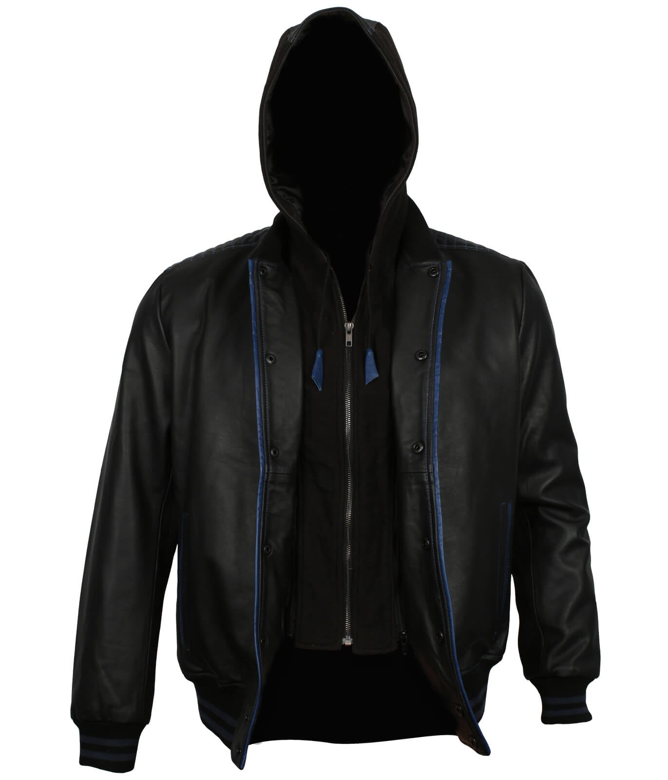 Men Black And Blue Hooded Bomber Jacket