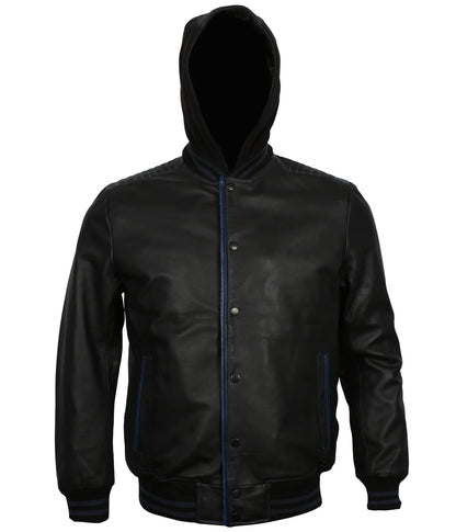 Men Black And Blue Hooded Leather Jacket