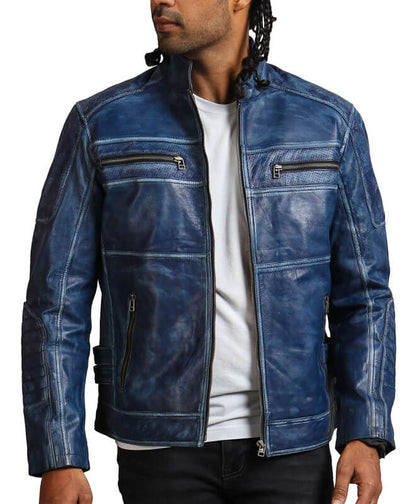 Men Blue Biker Genuine Leather Motorcycle Jacket