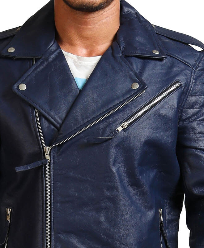 Men Blue Genuine Leather Biker Jacket