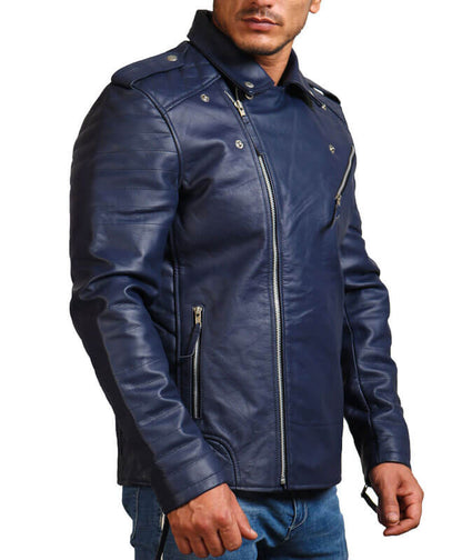 Men Blue Motorcycle Genuine Leather Jacket