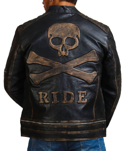 Men Bones And Skull Black Zipper Biker Jacket