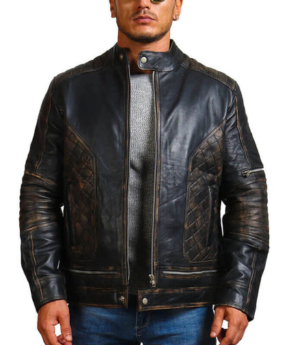 Men Bones And Skull Black Zipper Biker Leather Jacket