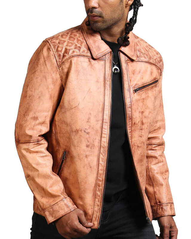 Men Brown Biker Diamond Quilted Patch Jacket