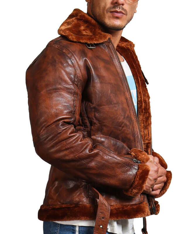 Men Brown Bomber Leather Shearling Jacket