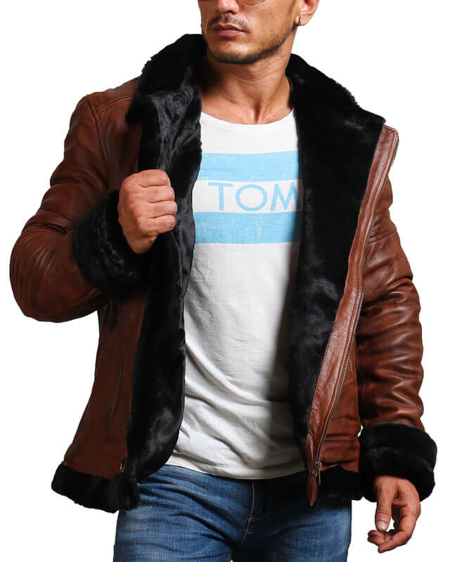 Men Brown Bomber Shearling Leather Jacket