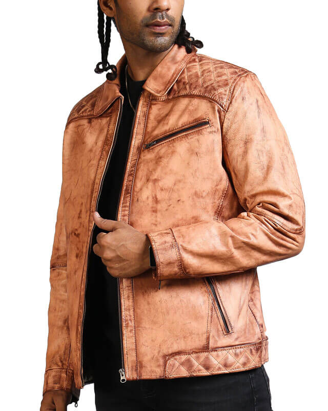 Men Brown Diamond Quilted Biker Jacket