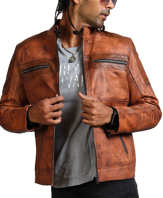 Men Brown Leather Biker Perforated Jacket
