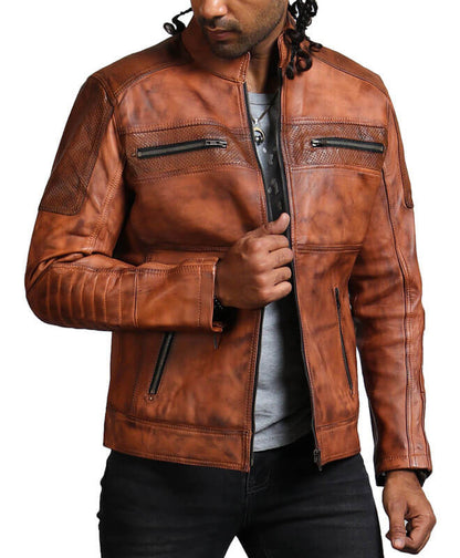 Men Brown Perforated Leather Biker Jacket