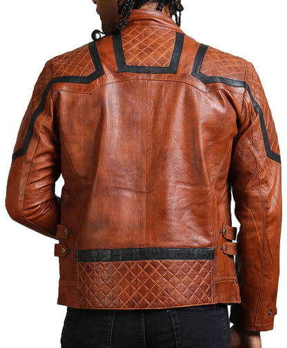 Men Brown Quilted Biker Jacket With Black Stripe