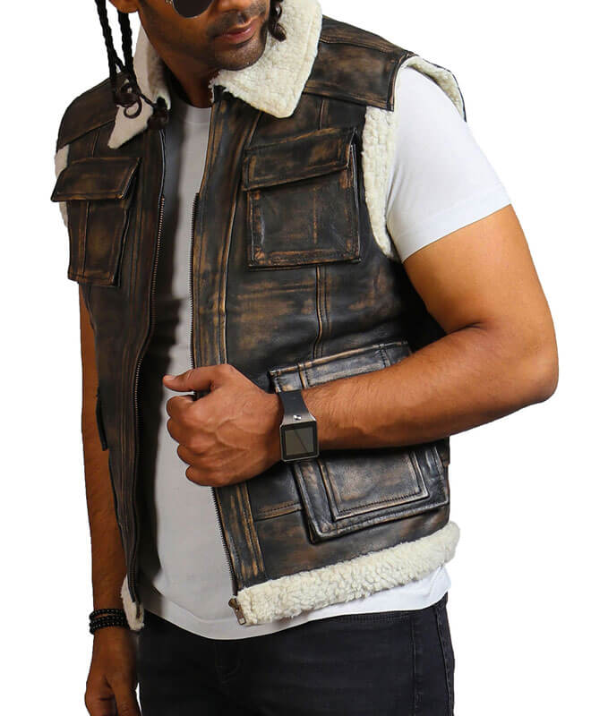 Men Brown Shearling Leather Biker Vest