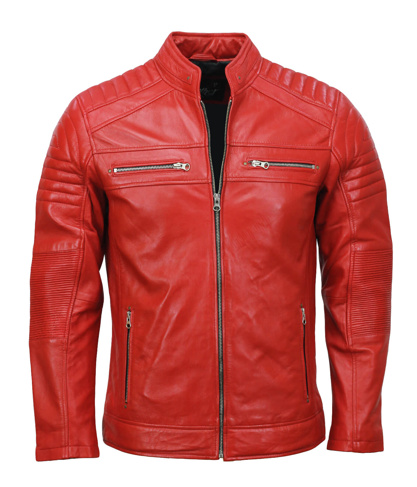Men Cafe Racer Red Biker Leather Jacket