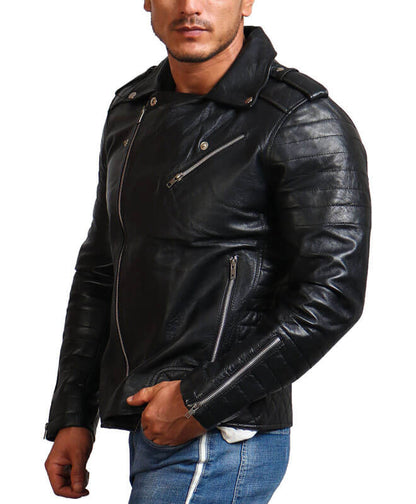 Men Classic Black Zippered Sleeves Motorcycle Jacket