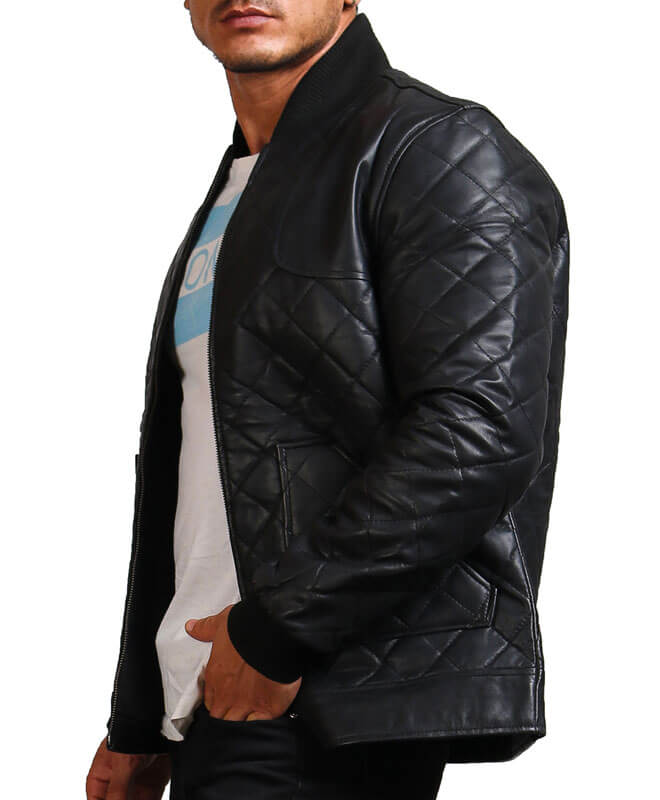 Men Classic Quilted Genuine Leather Biker Jacket