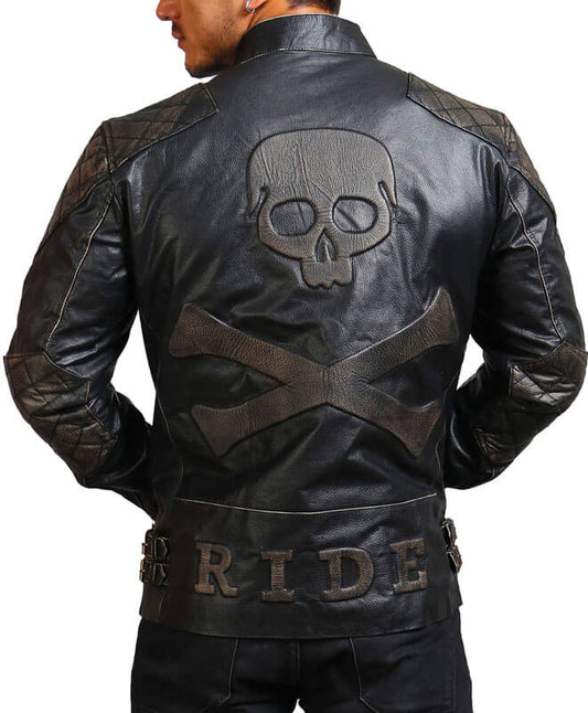 Men Cowhide Black Skull Motorcycle Leather Jacket