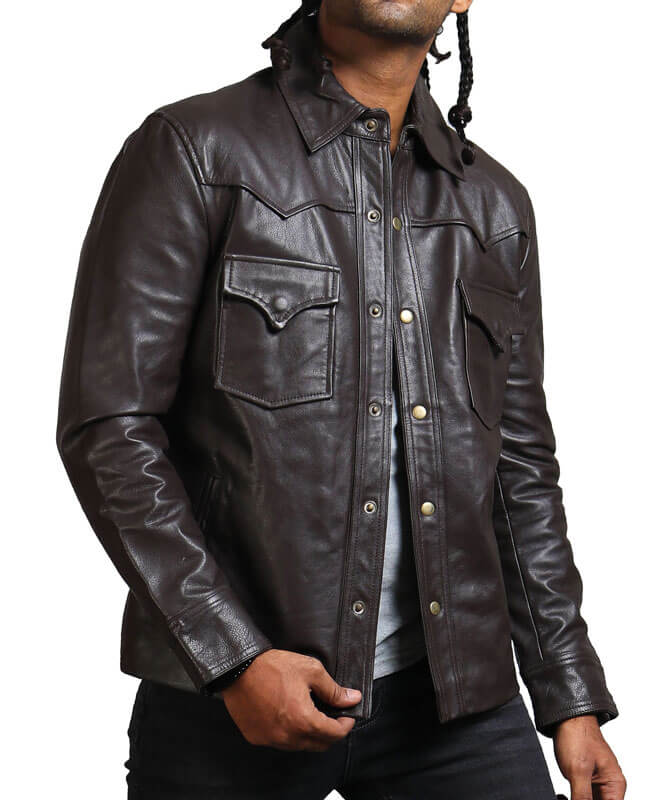 Men Dark Brown Trucker Leather Jacket