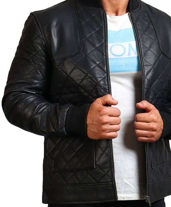 Men Diamond Quilted Black Leather Motorcycle Jacket