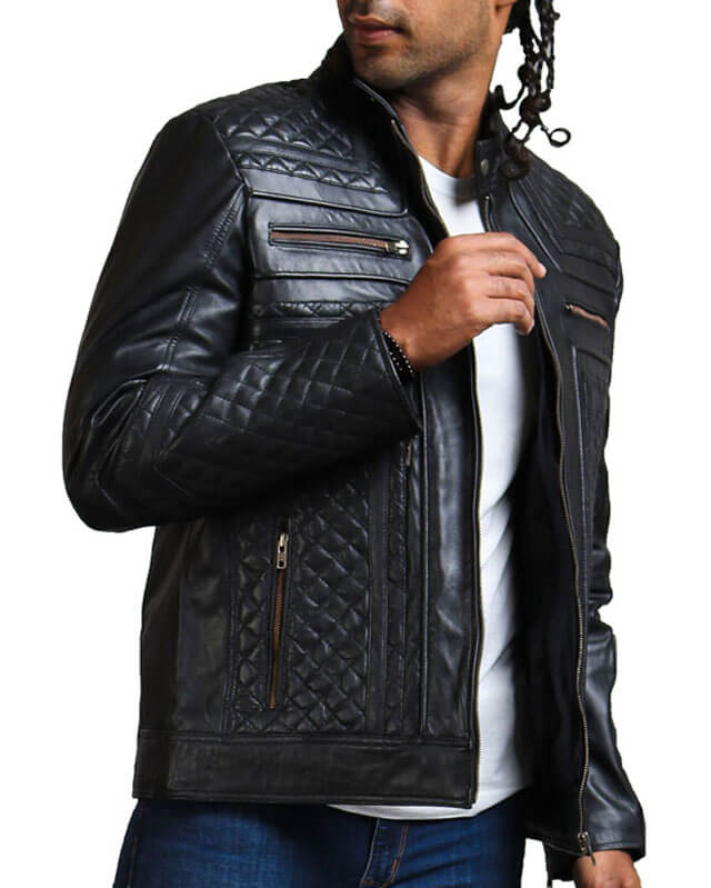 Men Diamond Quilted Genuine Leather Jacket