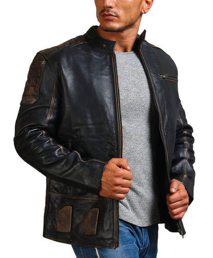 Men Distressed Black Biker Leather Jacket