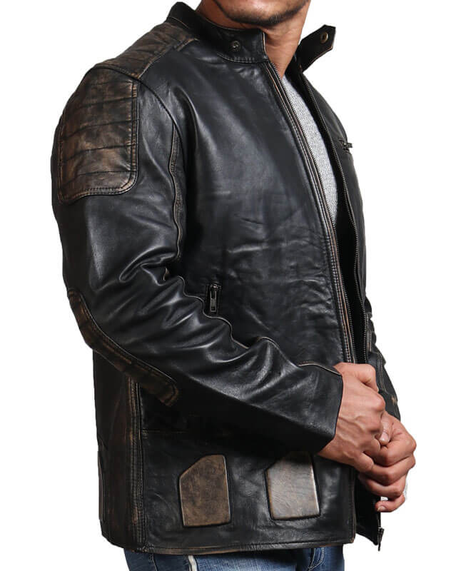 Men Distressed Black Motorcycle Real Leather Jacket