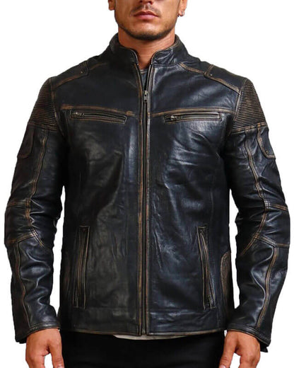 Men Distressed Black Vintage Biker Leather Jacket