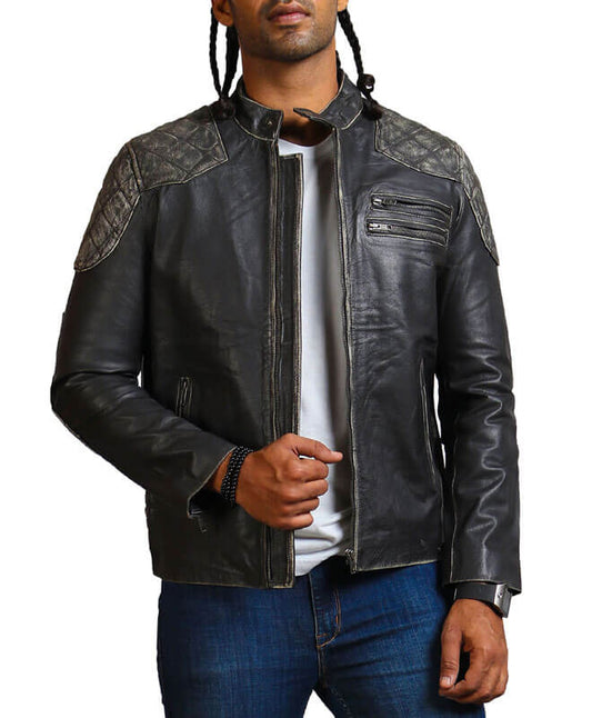 Men Distressed Retro Biker Black Leather Jacket