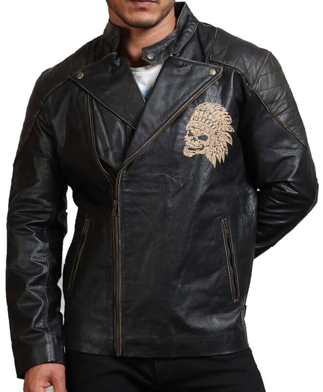 Men Indian Skull Black Motorcycle Real Leather Jacket