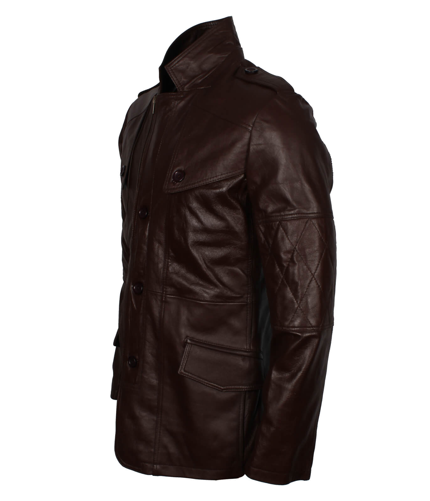 Men Military Officer Brown Sheepskin Leather Coat