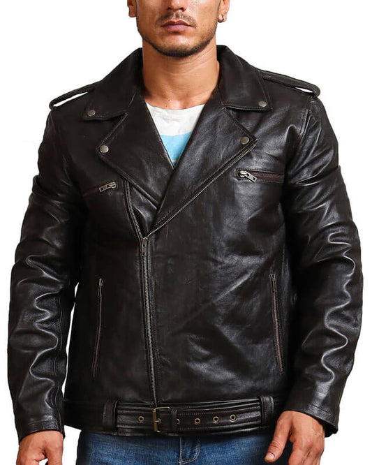 Men Motorcycle Black Genuine Leather Jacket