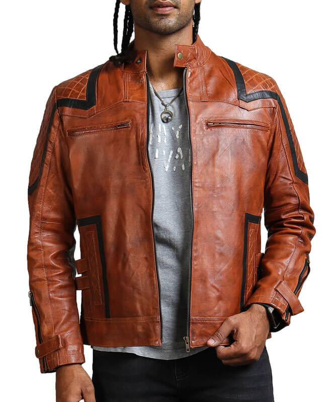 Men Quilted Black Design Brown Biker Jacket