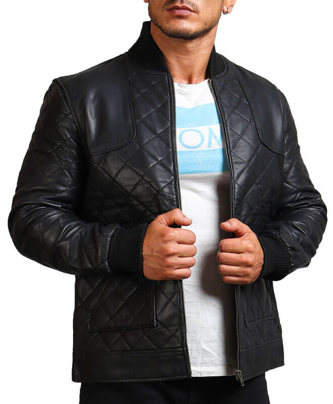 Men Quilted Black Leather Biker Jacket