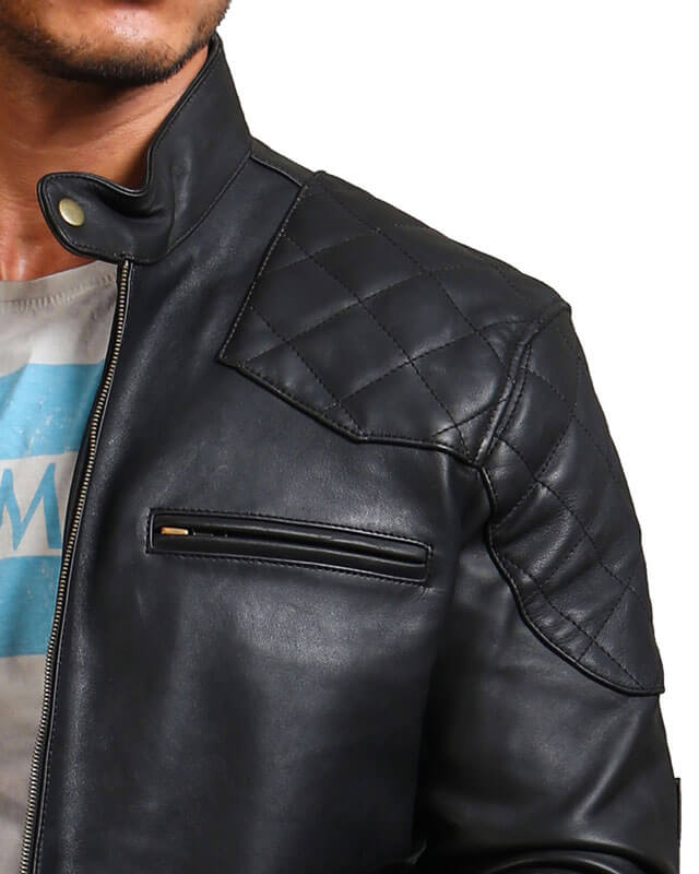 Men Quilted Shoulders Black Leather Jacket