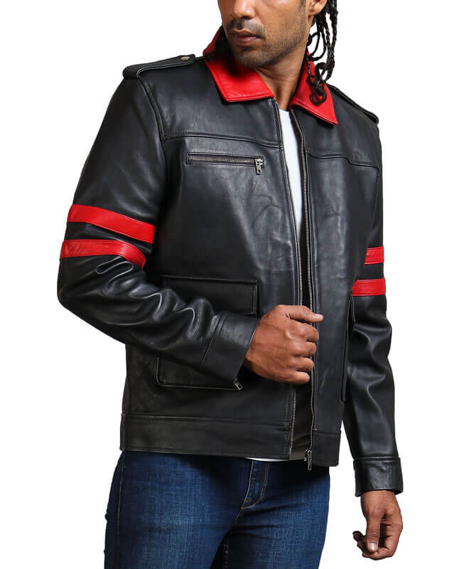 Men Red Collar Black Biker Jacket