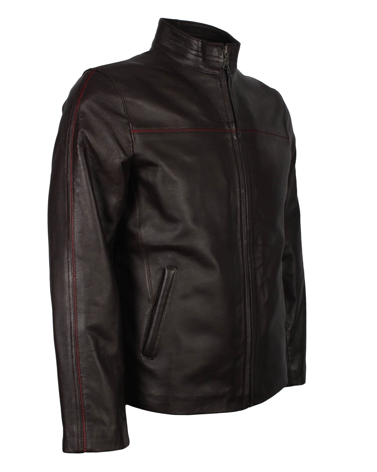 Men Red Stripe Dark Brown Leather Jacket