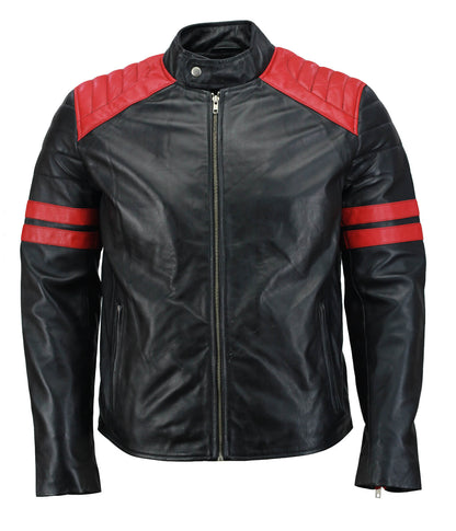 Men Red Striped Black Biker Leather Jacket