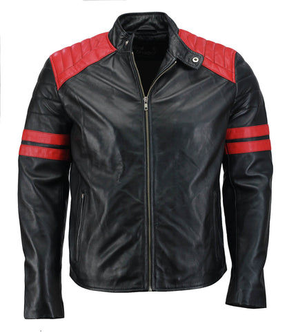 Men Red Striped Black Genuine Leather Jacket