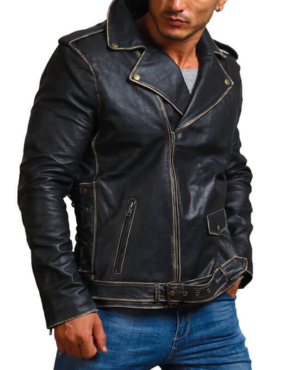 Men Retro Distressed Black Motorcycle Jacket